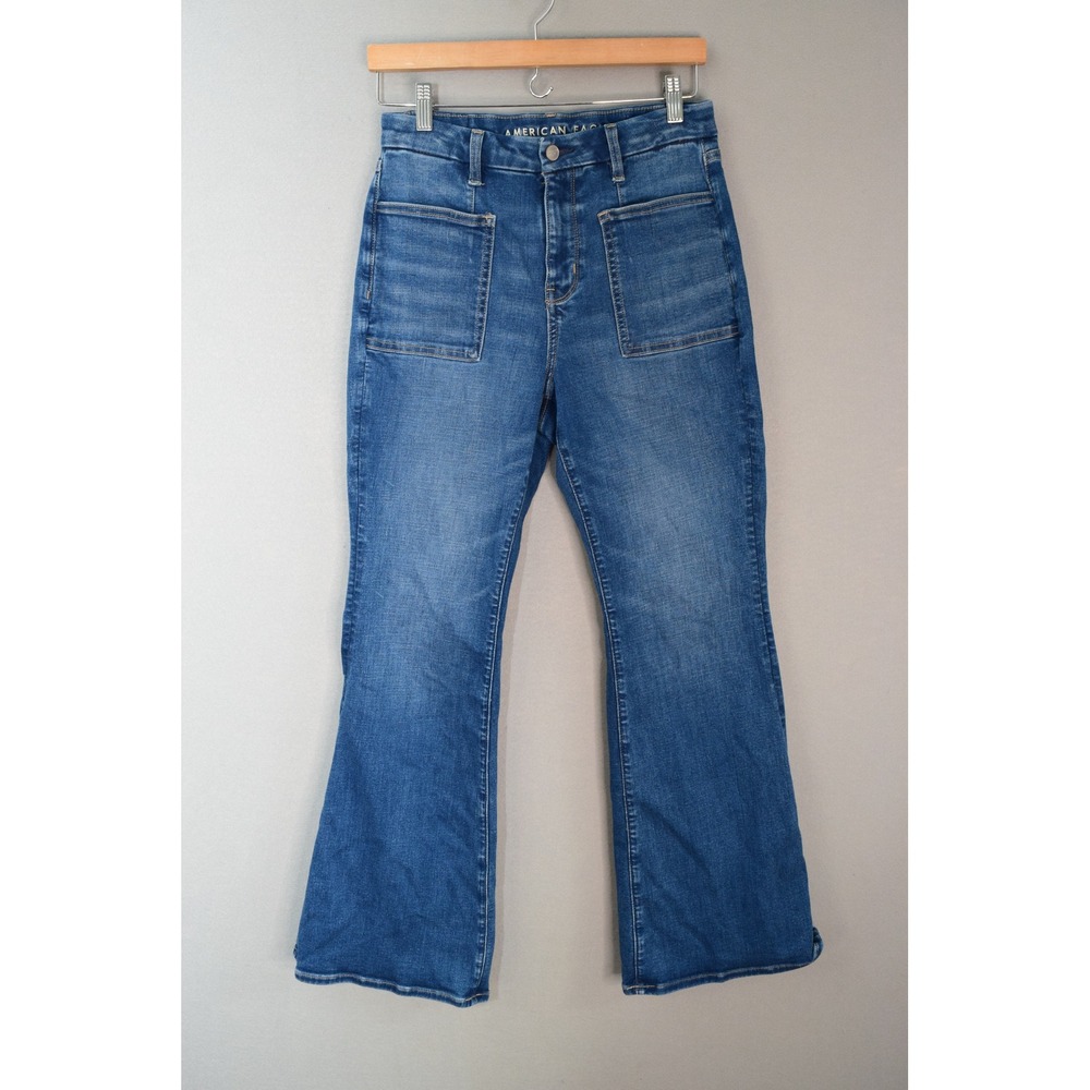 American Eagle High Rise Flare Jeans 8 Blue Patch Pocket Stretch Denim 2025